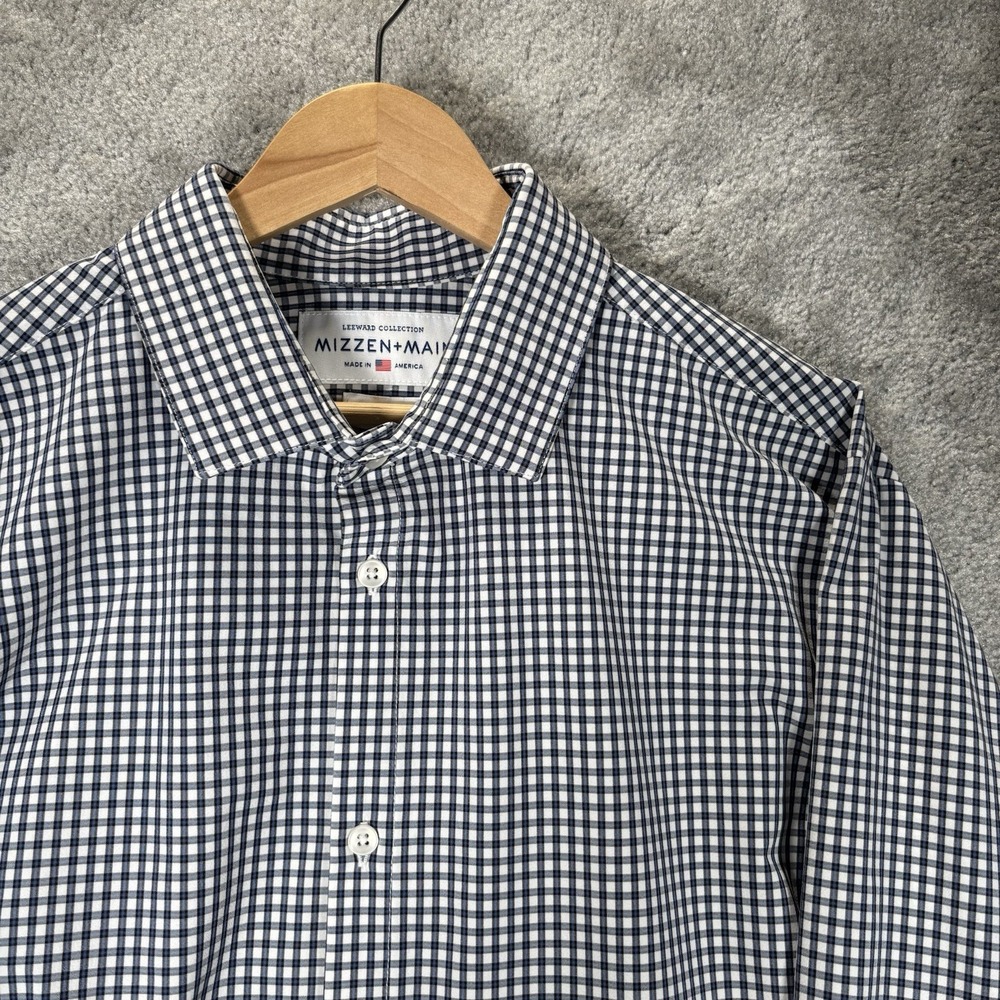 Mizzen+Main Leeward Dress Shirt Mens 2XL Blue White Plaid Stretch Long Sleeve